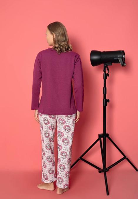 Pijama damă vătuită cu mânecă lungă și pantaloni lungi din bumbac, imprimeu Teddy, Engros